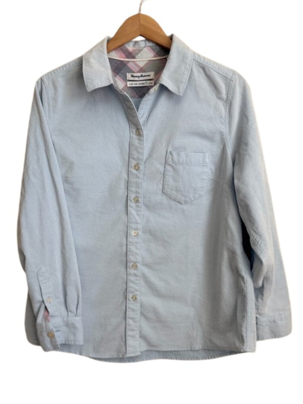 Tommy Bahama Coasta Corduroy Shirt Blue Women’s Size M Plaid Trim Cotton Stretch - Picture 1 of 10